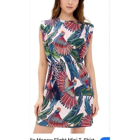 Farm Rio Mini T-Shirt Dress Pink Multi Macaw Flight Self Tie S Resortwear Chic - Picture 1 of 10